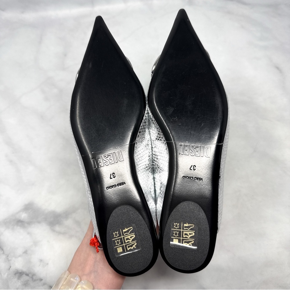 NEW Diesel D-Venus Snakeskin Metallic Metal Logo Pointed Toe Flat Mule Shoes 37 - Picture 12 of 16
